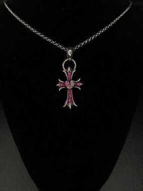 Chrome Hearts Pink Diamond Studded Floral Cross with Heart Unisex Necklace